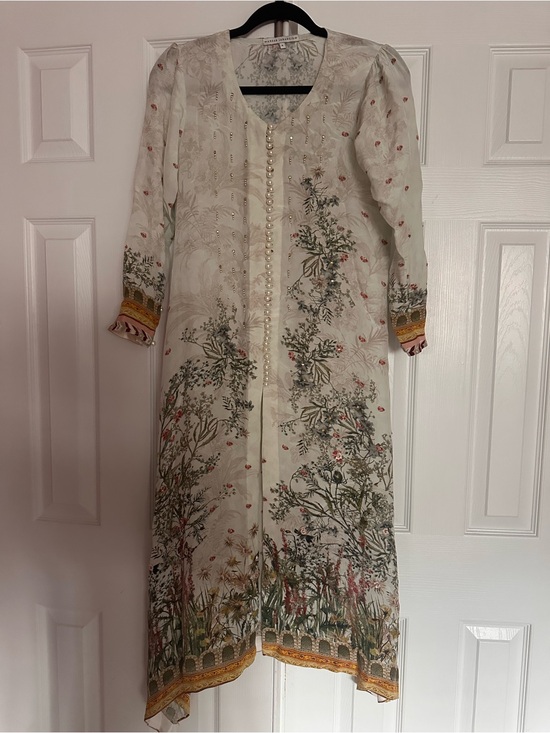 Ansab Jahangir Dresses & Skirts - Cream Floral Maxi Dress with Pearl-Accent Front